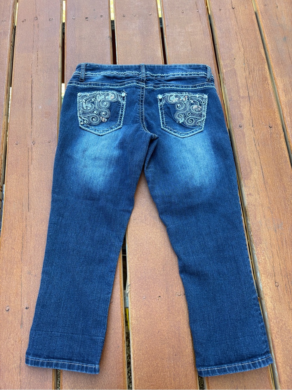 Maurices Dark Blue Embroidered Back-Pocket Sequin Y2K Capri Jeans